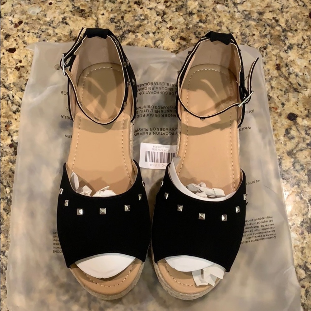 Black studded peep toe espadrilles Size 8